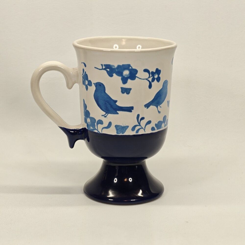 Cobalt Blue Bird Floral Pedestal Coffee Mug Footed Ceramic Cup Cottagecore Decor